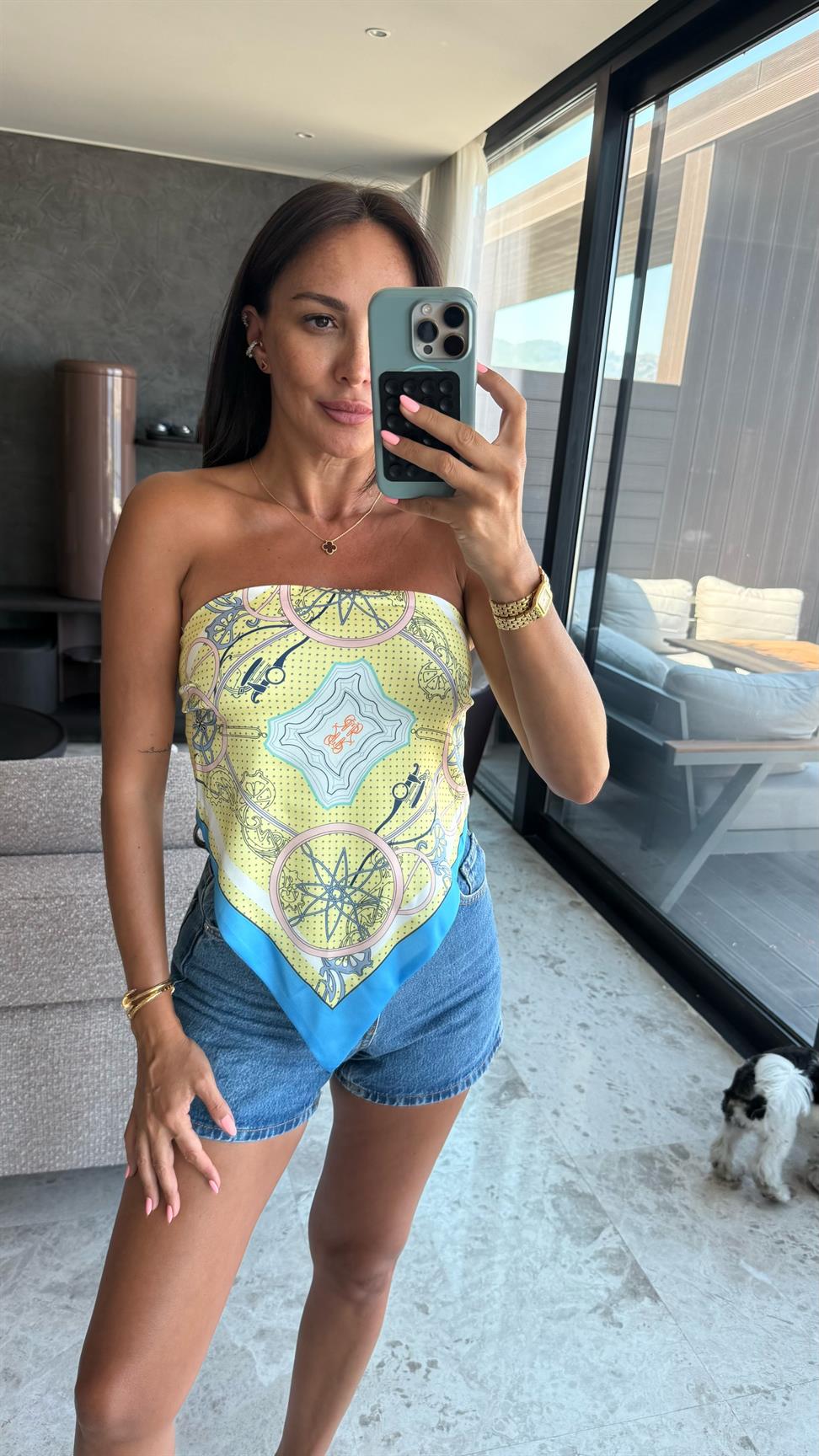 Sarı Asimetrik Desenli Şal Bluz