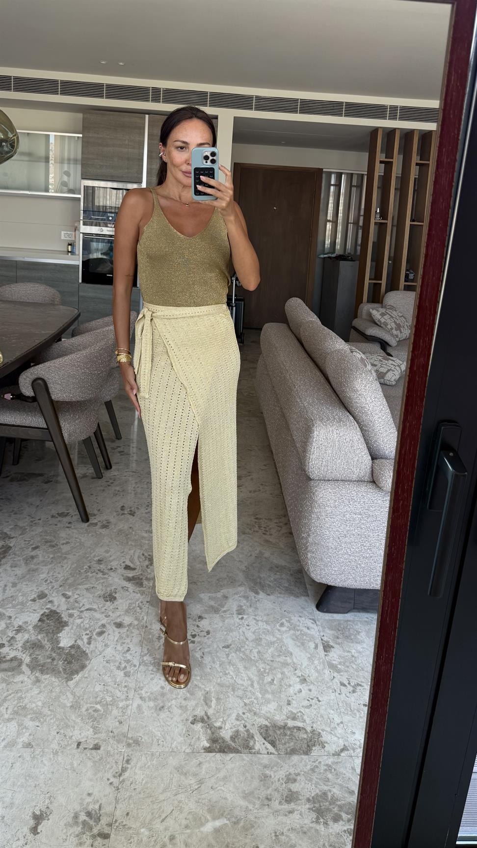 Sarı Bağlamalı Gold Simli Etek