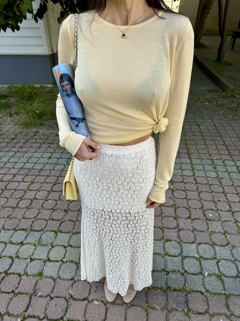 Sarı Bisiklet Yaka Transparan Triko