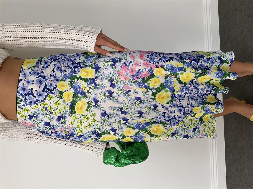 Sarı Çiçek Desen Saten Etek