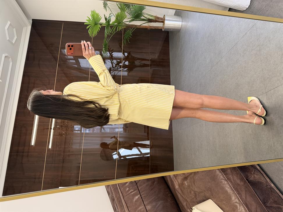 Sarı Çizgili Mini Gömlek Elbise