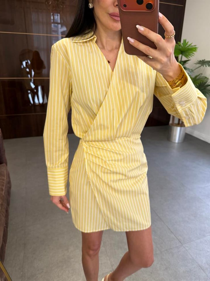 Sarı Çizgili Mini Gömlek Elbise