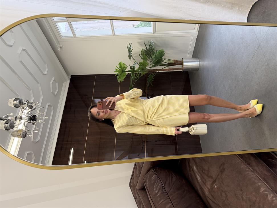 Sarı Çizgili Mini Gömlek Elbise