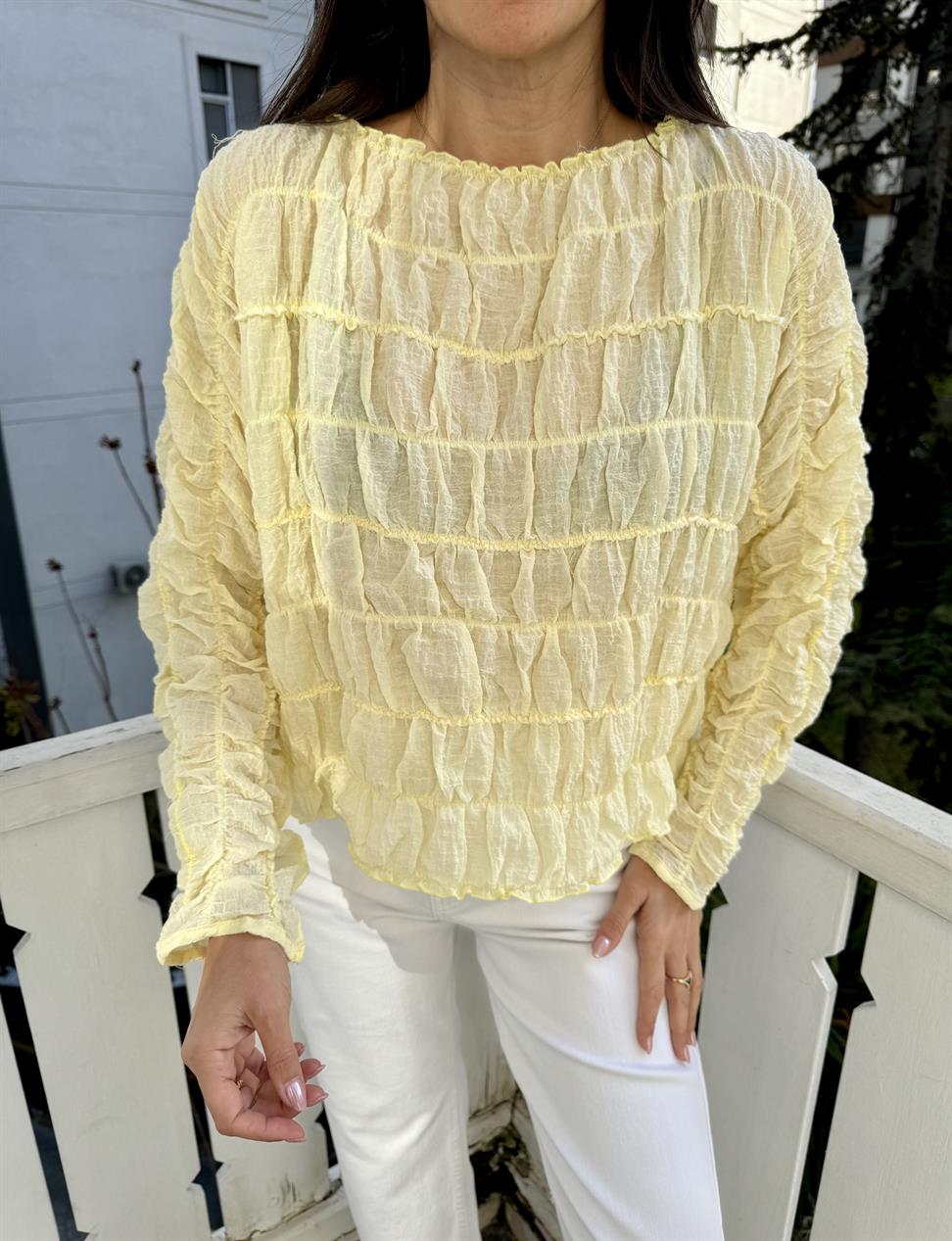 Sarı Gofre Dikişli Bluz