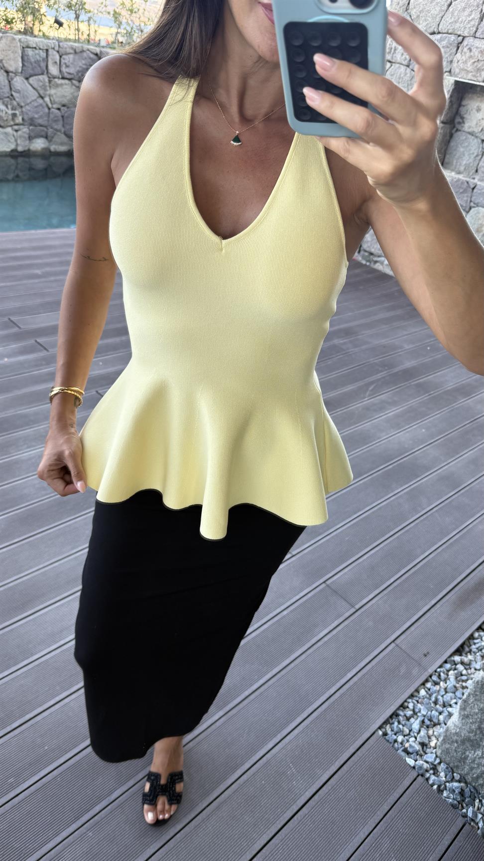Sarı Halter V Yaka Peplum Triko Bluz