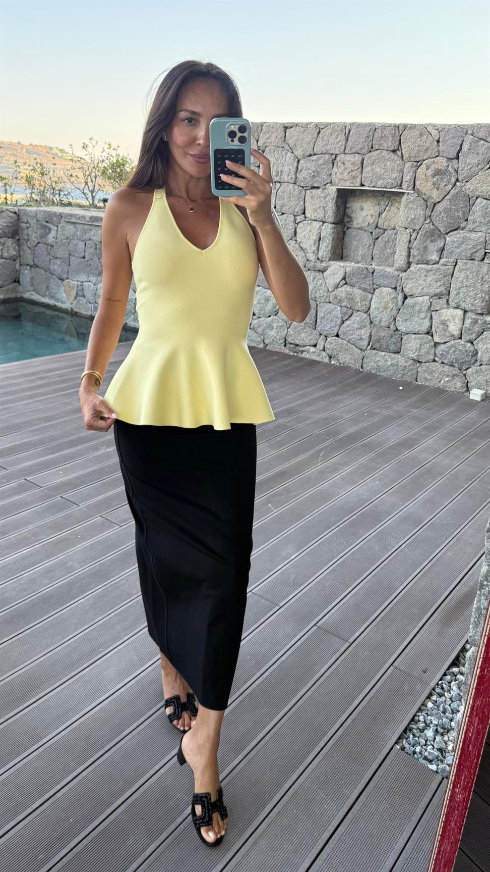 Sarı Halter V Yaka Peplum Triko Bluz