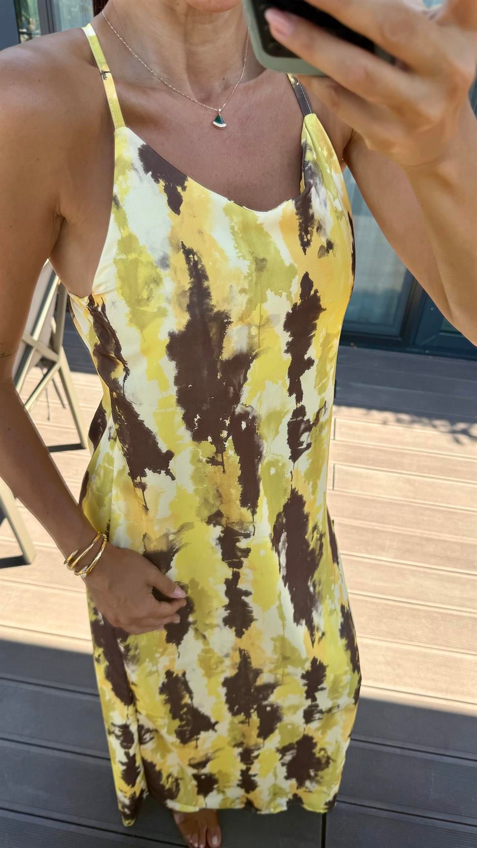 Sarı-Kahve İki Renkli Elbise