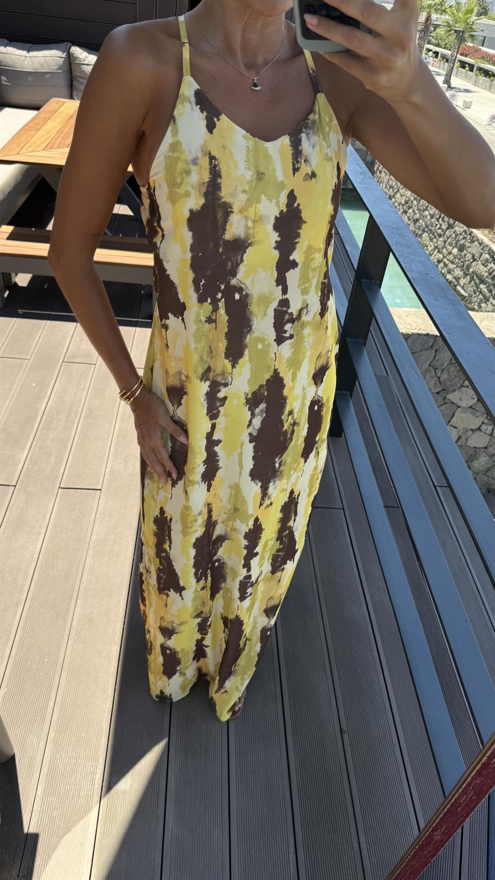 Sarı-Kahve İki Renkli Elbise