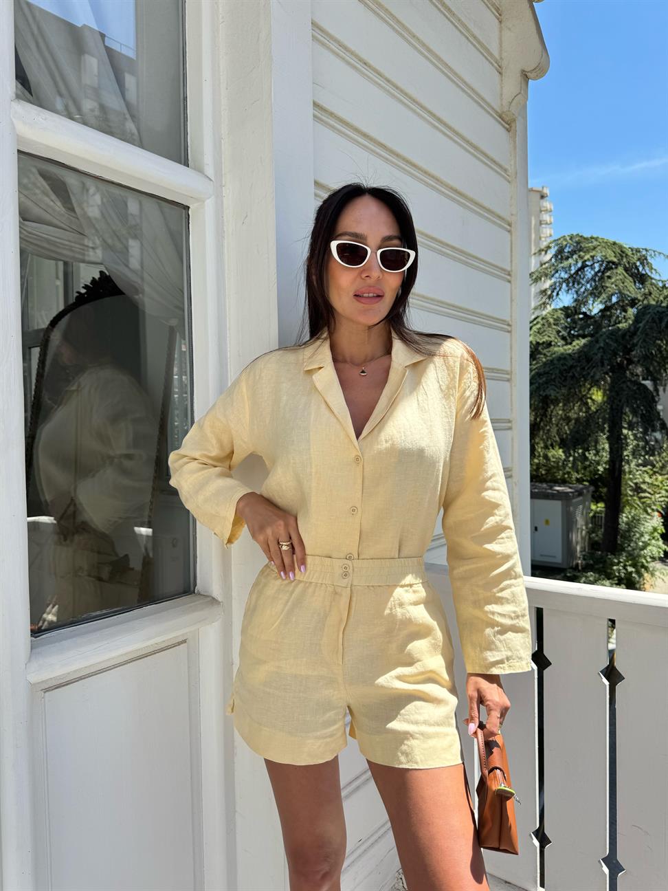 Sarı Keten Şortlu Takım