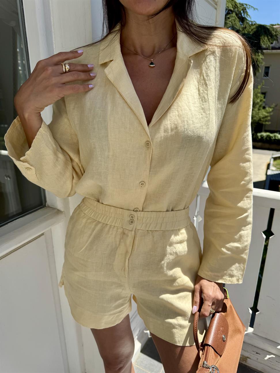 Sarı Keten Şortlu Takım