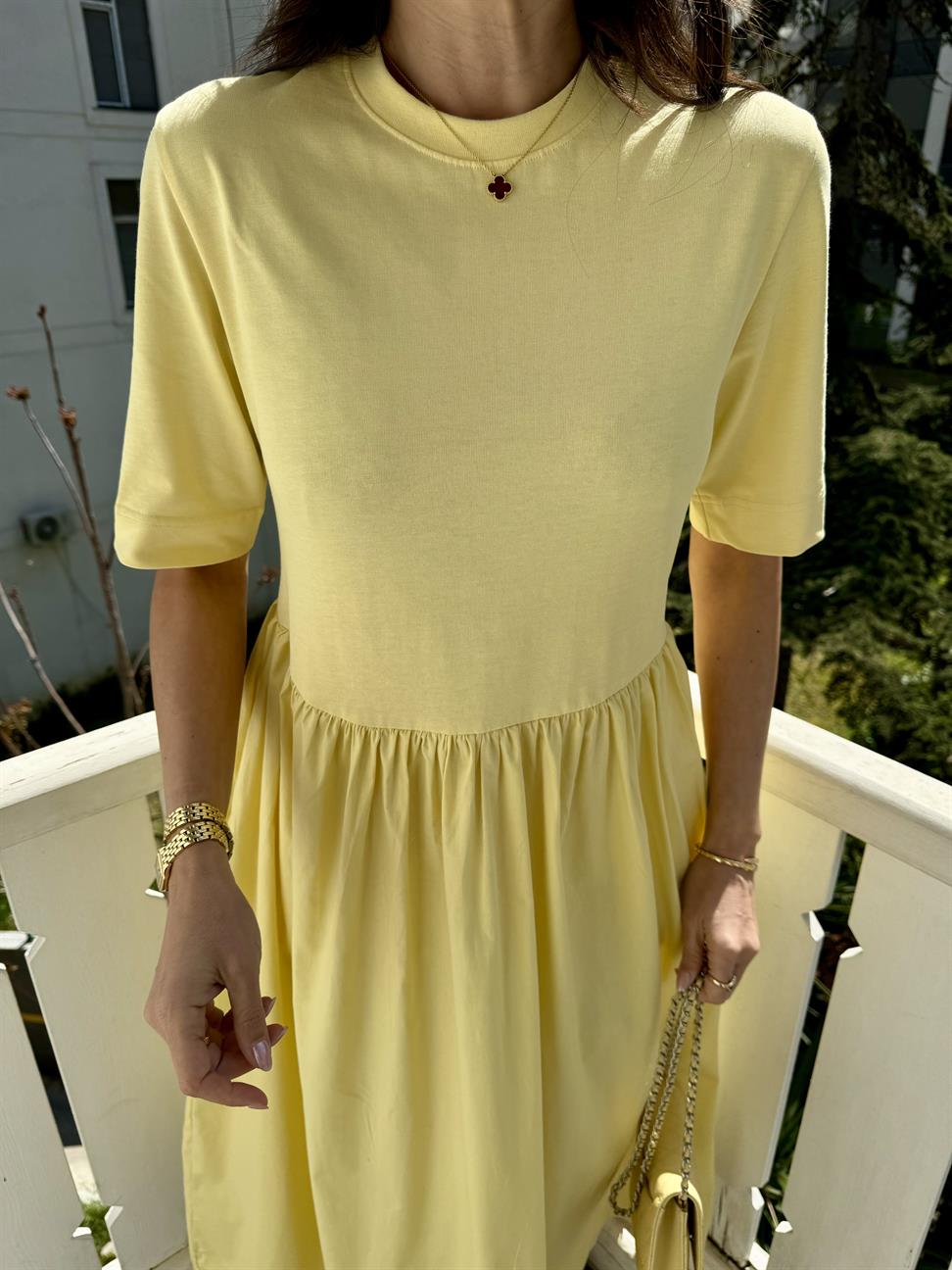 Sarı Kısa Kollu Poplin Midi Elbise