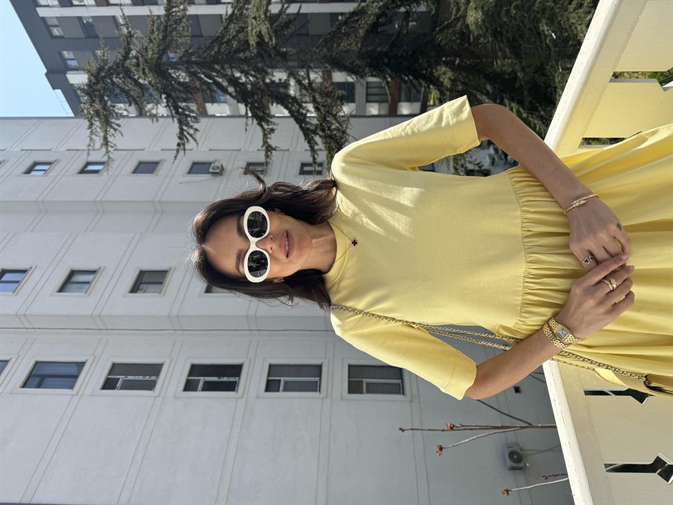 Sarı Kısa Kollu Poplin Midi Elbise