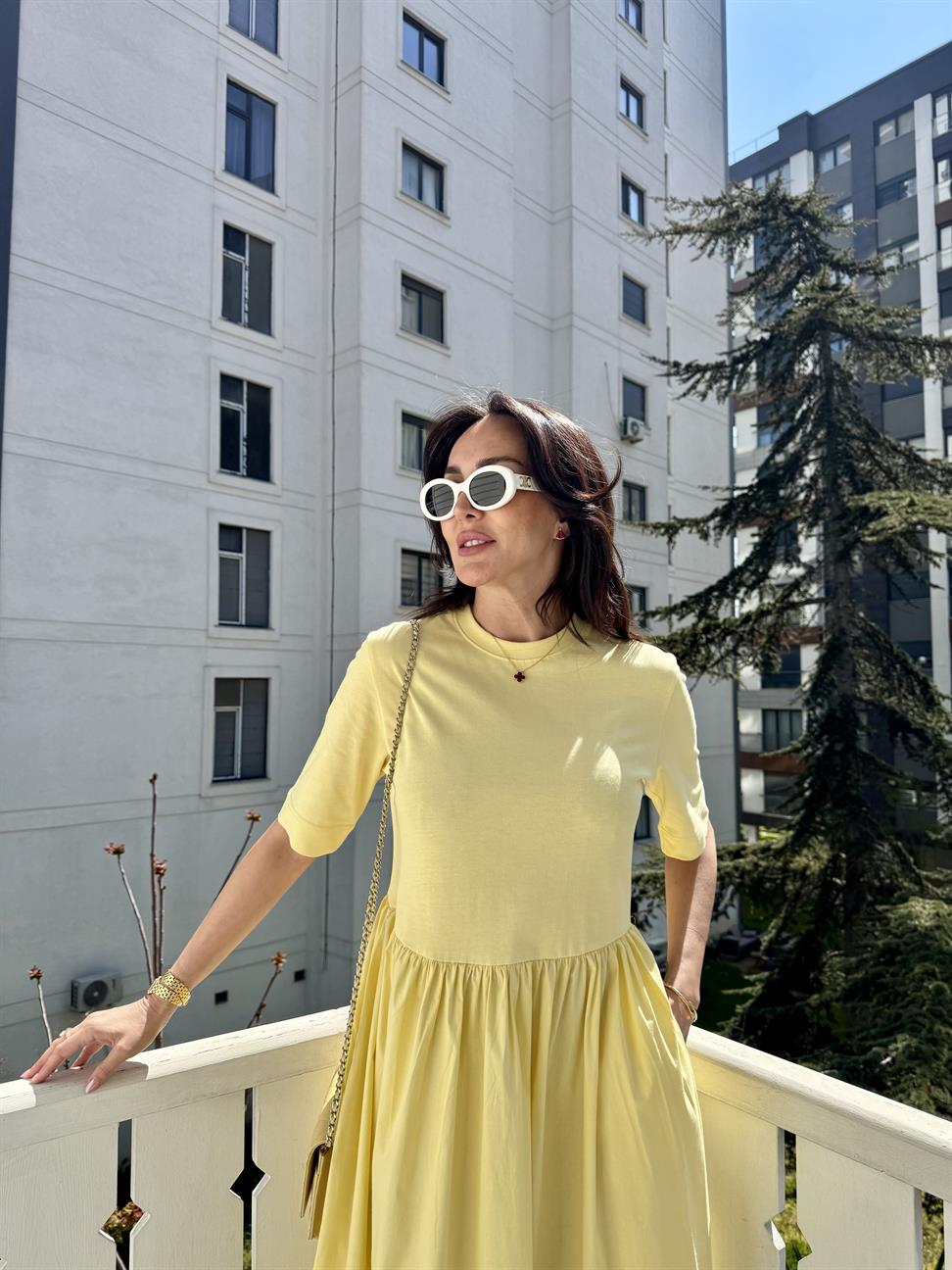 Sarı Kısa Kollu Poplin Midi Elbise