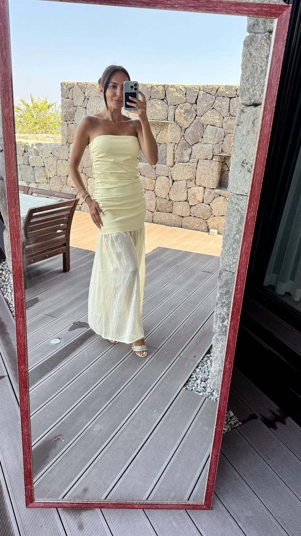 Sarı Midi Straplez Elbise