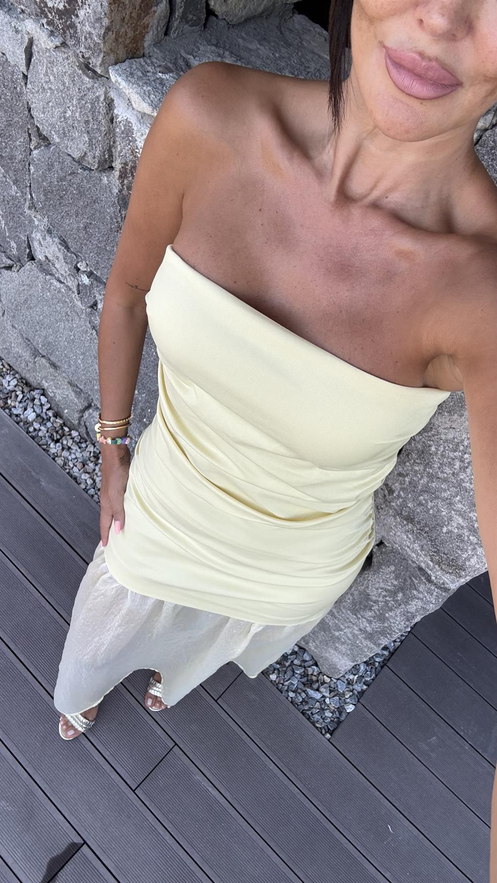 Sarı Midi Straplez Elbise