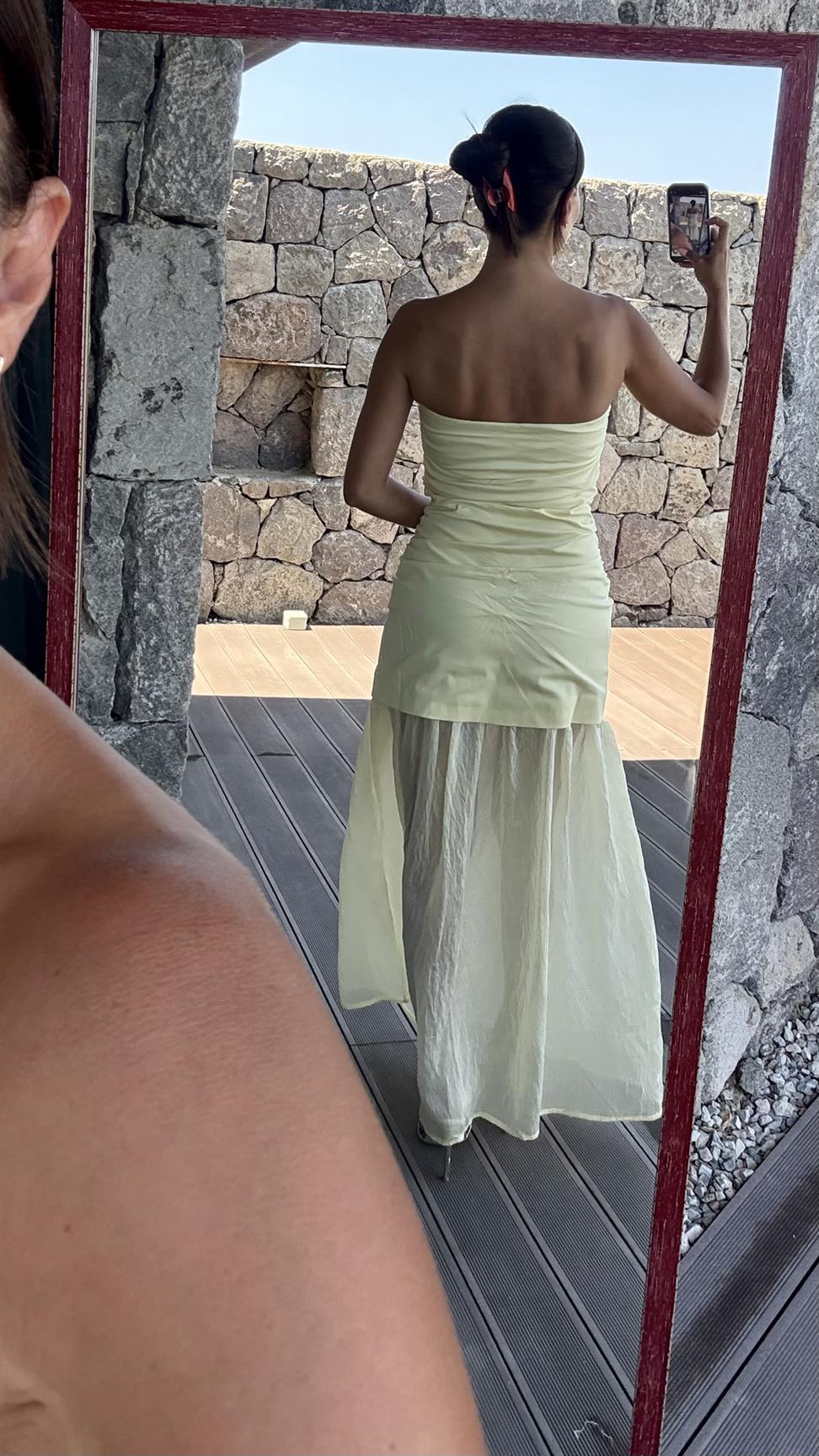 Sarı Midi Straplez Elbise