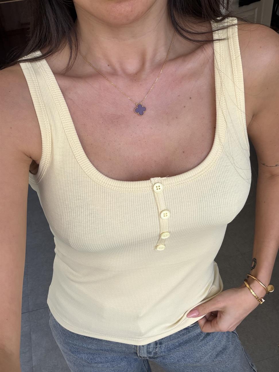 Sarı Önden Düğmeli Atlet Bluz