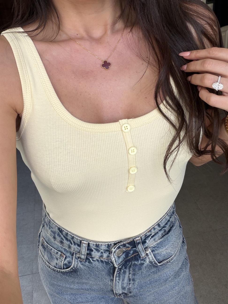 Sarı Önden Düğmeli Atlet Bluz