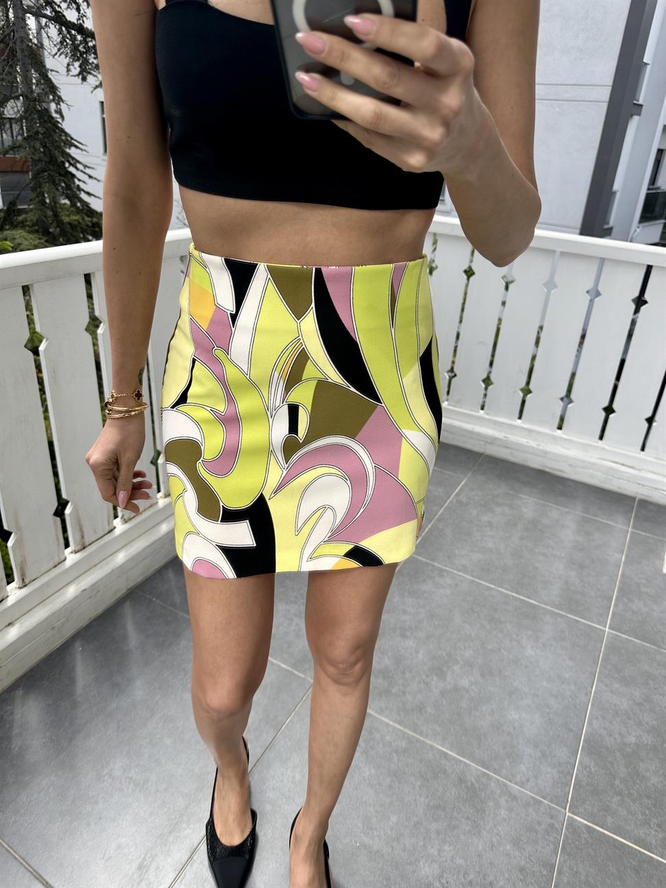 Sarı-Pembe Desenli Mini Etek
