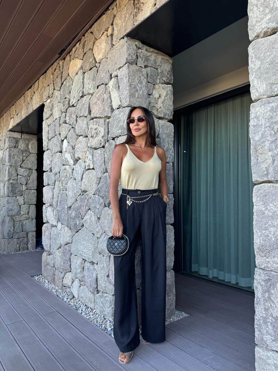 Sarı Simli Askılı Bluz