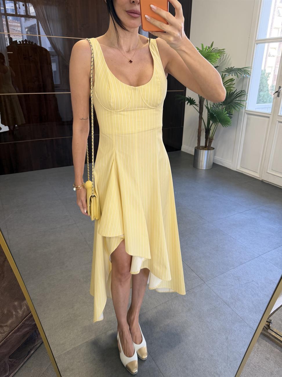 Sarı Tasarım Çizgili Midi Boy Elbise