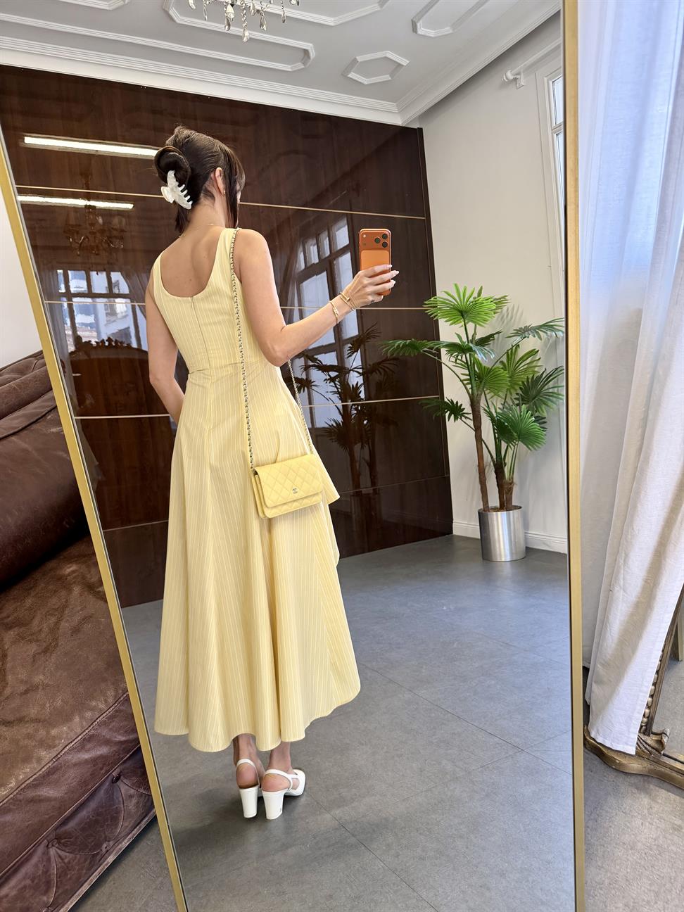 Sarı Tasarım Çizgili Midi Boy Elbise