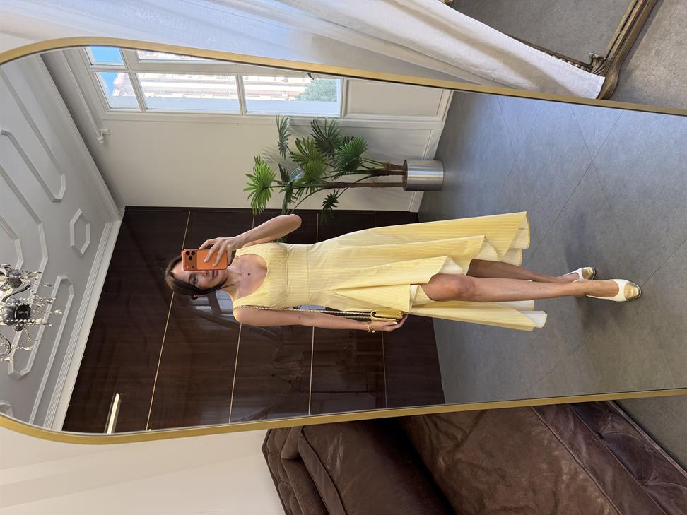 Sarı Tasarım Çizgili Midi Boy Elbise