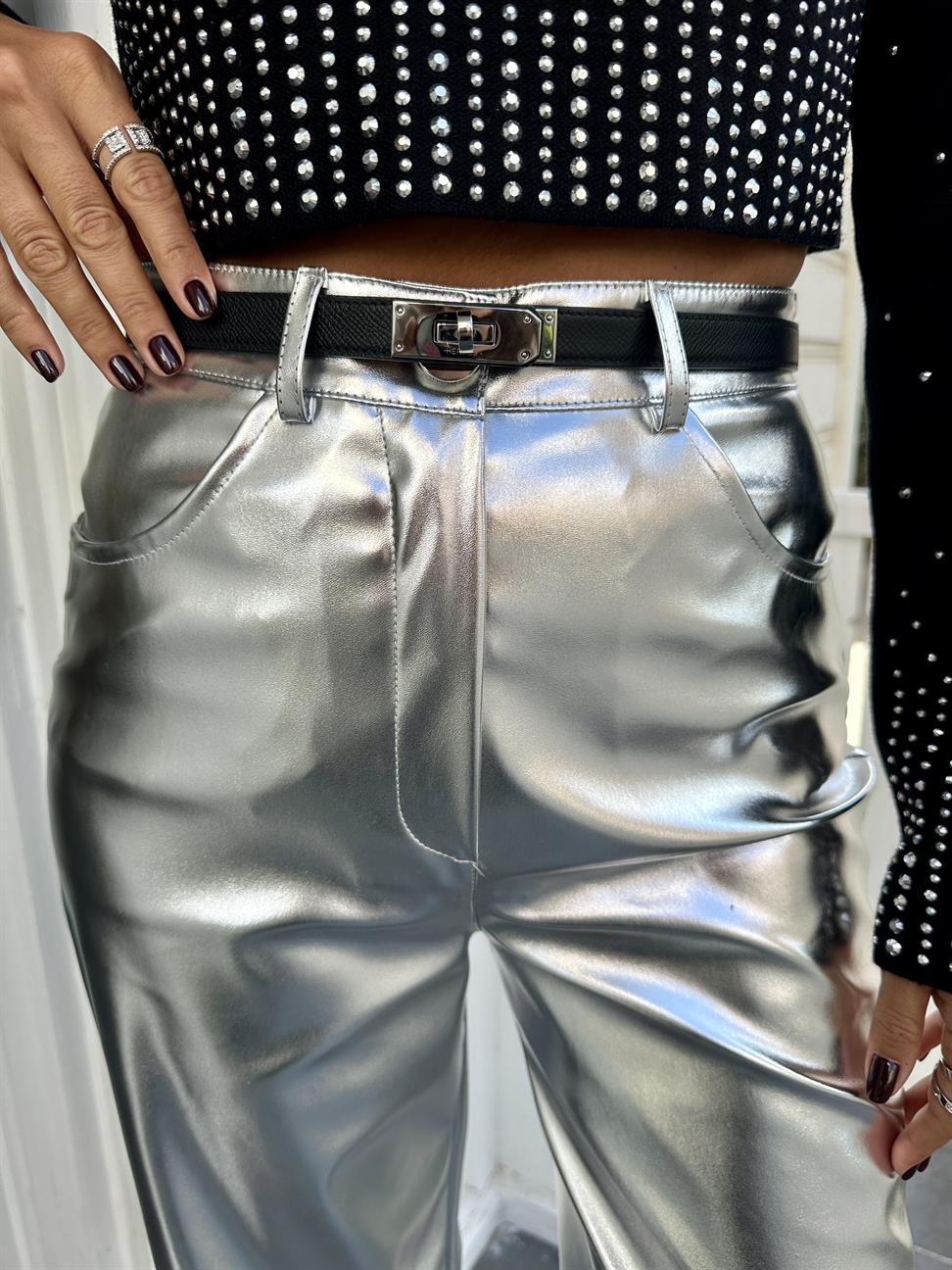 Silver Metalik Wide-Leg Pantolon