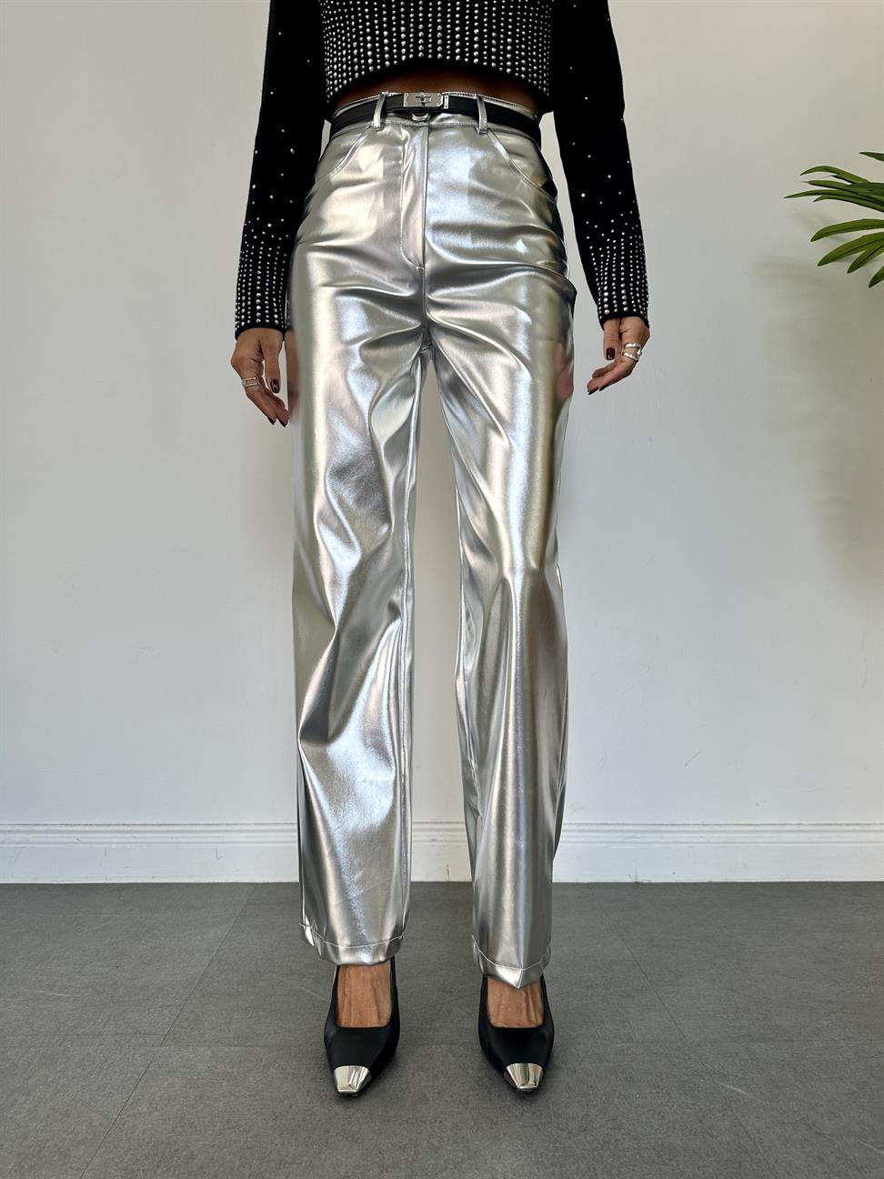 Silver Metalik Wide-Leg Pantolon