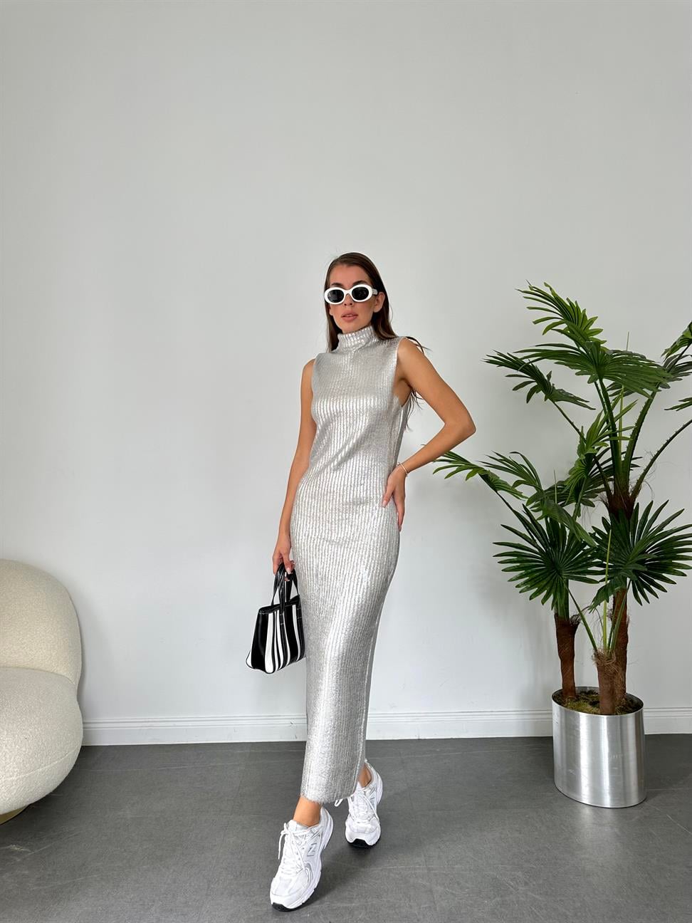 Silver Varaklı Triko Elbise