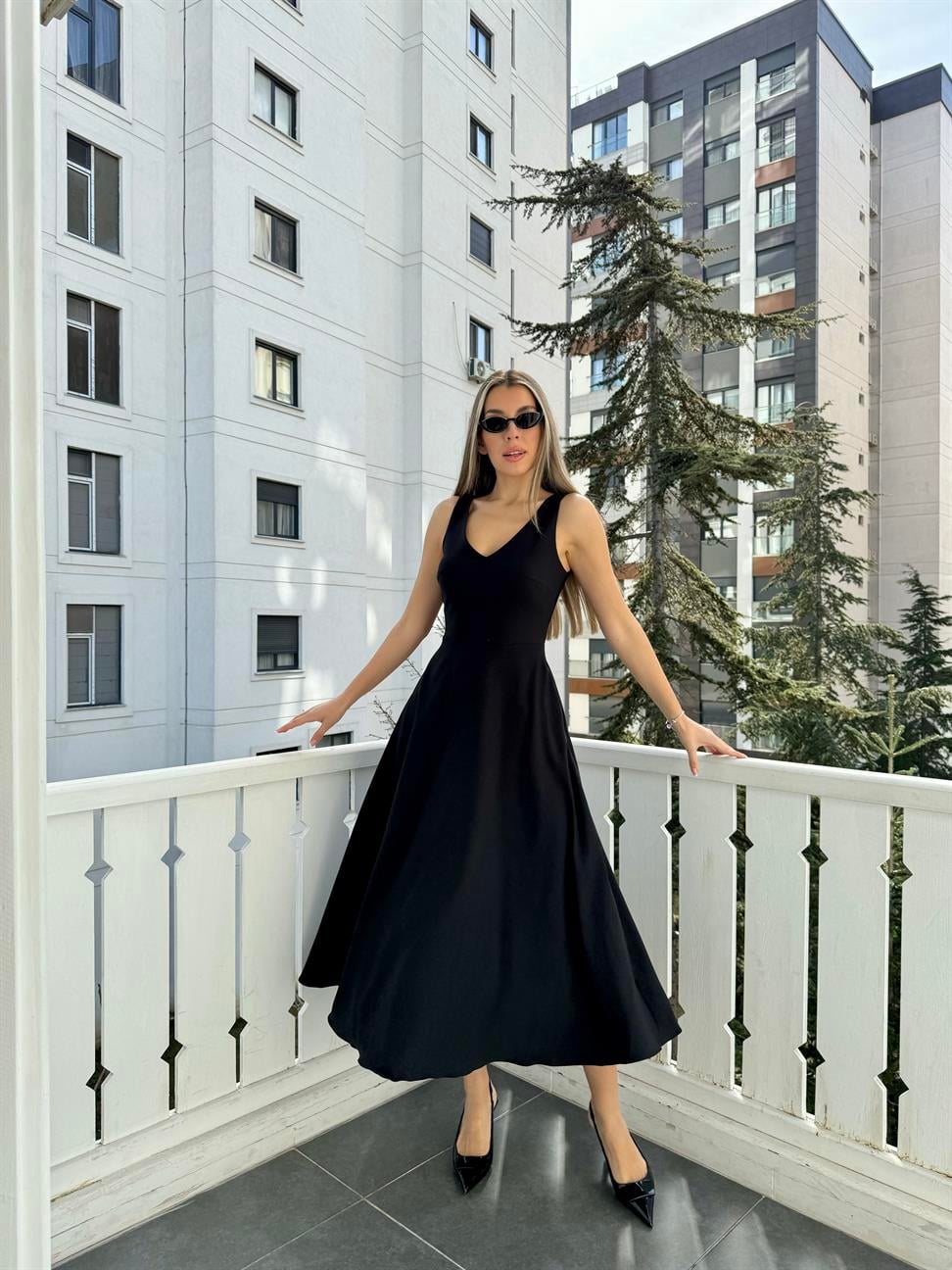 Siyah A Kesim Midi Boy Elbise