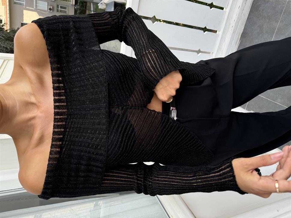 Siyah Ajurlu Bardot Yaka Transparan Triko Kazak