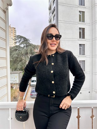 Siyah Altın Renk Düğmeli Hırka