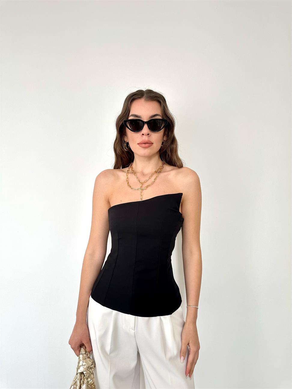 Siyah Asimetrik Bustiyer Bluz