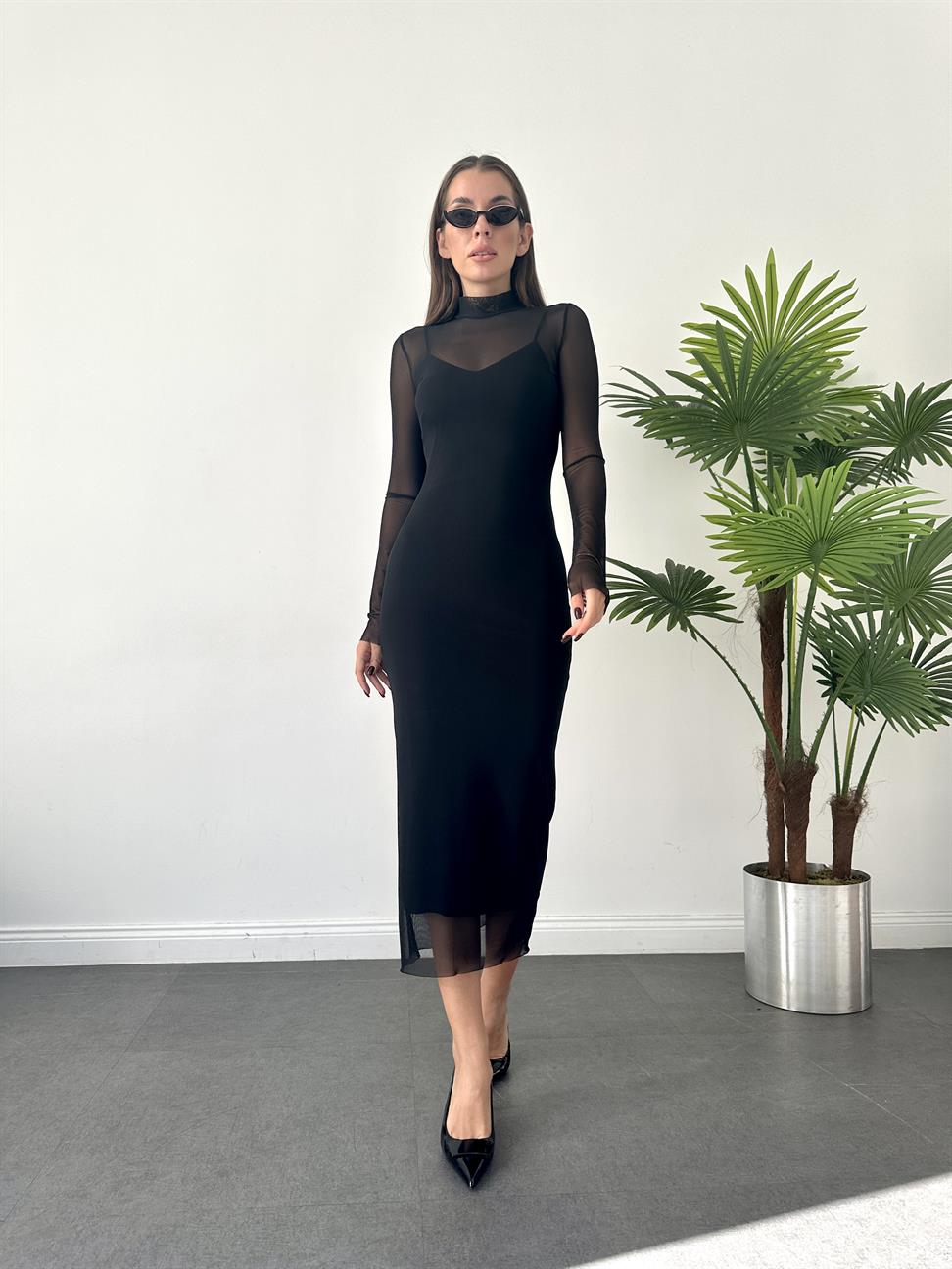 Siyah Astarlı Tül Elbise