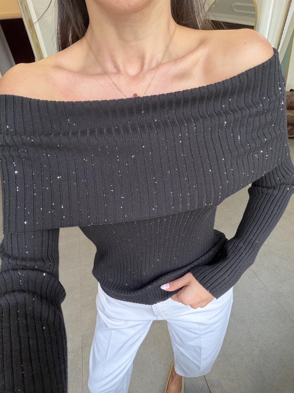 Siyah Bardot Yaka Pullu Fitilli Triko Kazak