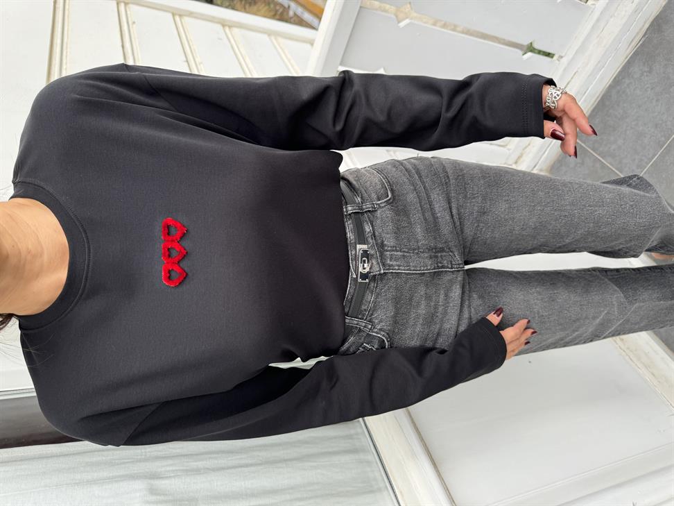 Siyah Baskı Nakışlı Uzun Kollu Bluz