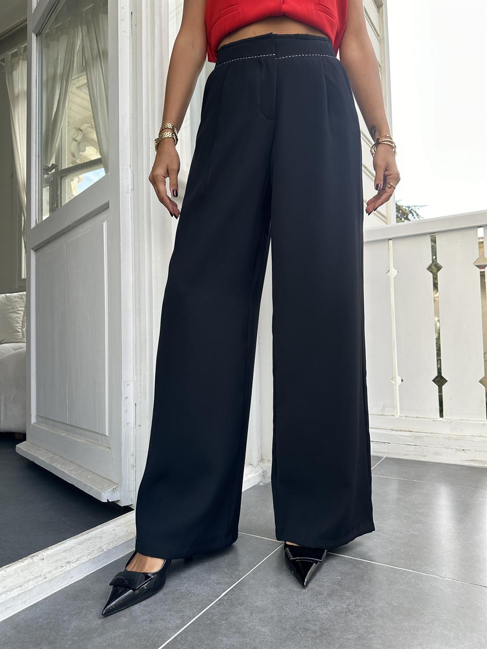 Siyah Beli Dikişli Bol Pantolon