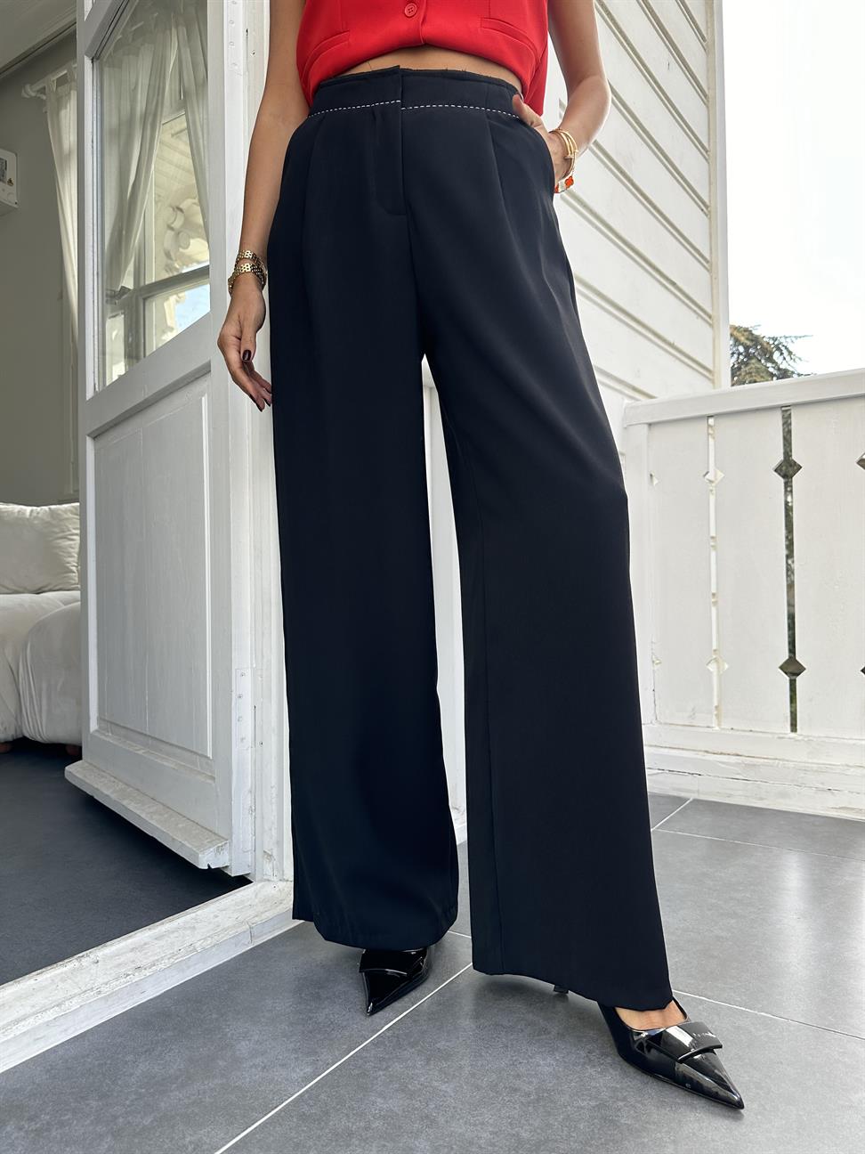 Siyah Beli Dikişli Bol Pantolon