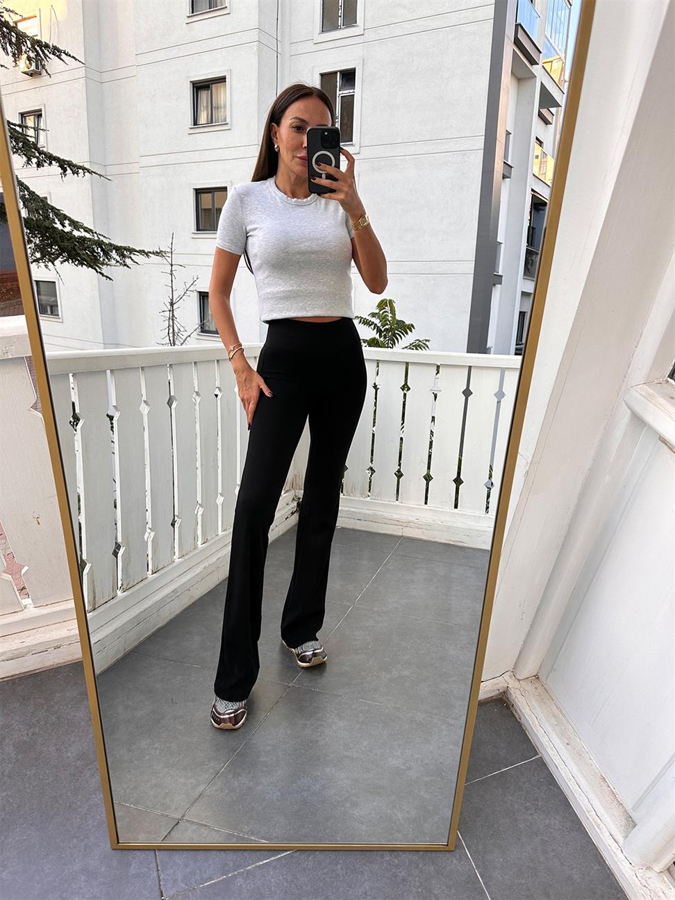 Siyah Beli Fitilli İspanyol Paça Tayt Pantolon