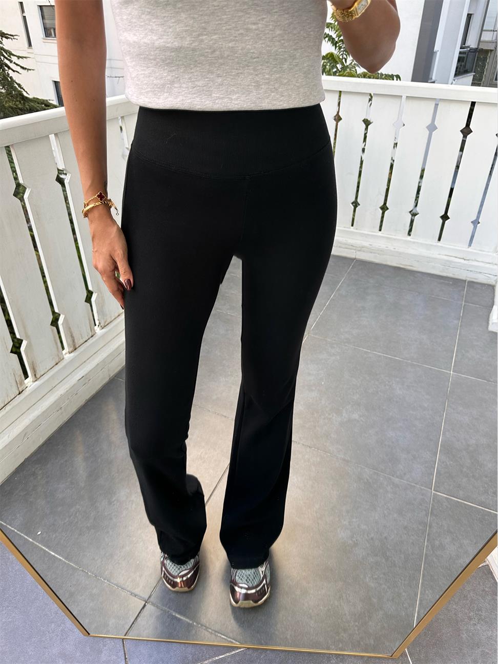 Siyah Beli Fitilli İspanyol Paça Tayt Pantolon