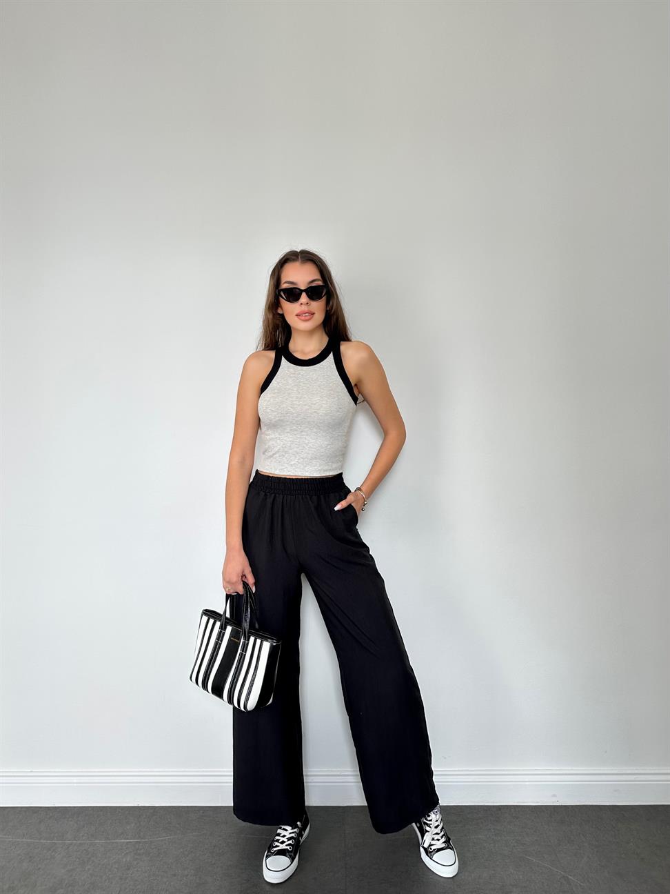 Siyah Beli Lastikli Geniş Paça Pantolon