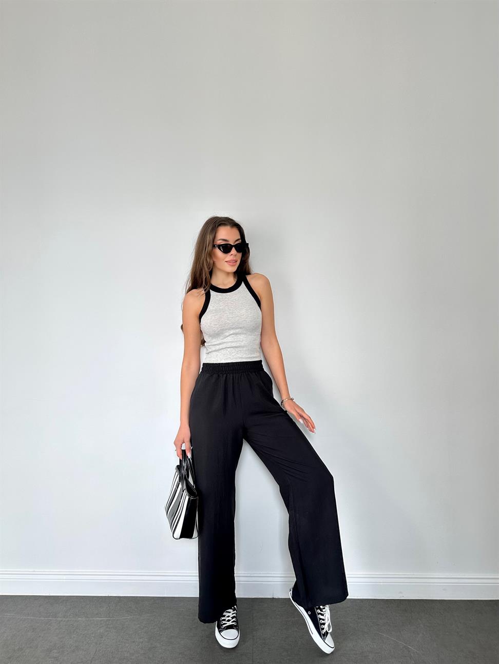 Siyah Beli Lastikli Geniş Paça Pantolon