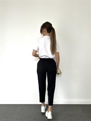 Siyah Beli Lastikli Tencel Pantolon