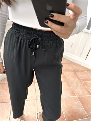 Siyah Beli Lastikli Tencel Pantolon