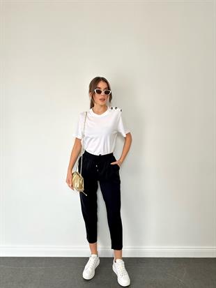Siyah Beli Lastikli Tencel Pantolon