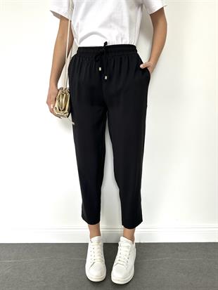 Siyah Beli Lastikli Tencel Pantolon
