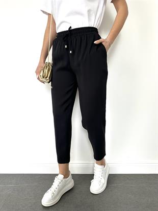 Siyah Beli Lastikli Tencel Pantolon