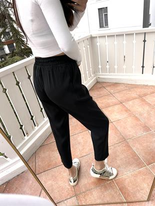 Siyah Beli Lastikli Tencel Pantolon