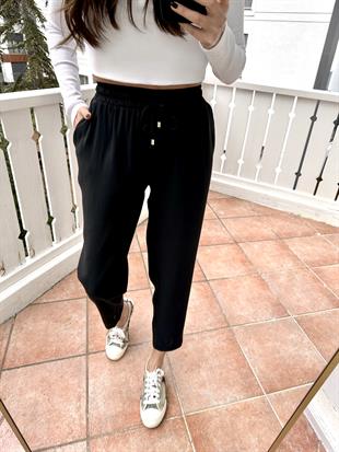 Siyah Beli Lastikli Tencel Pantolon
